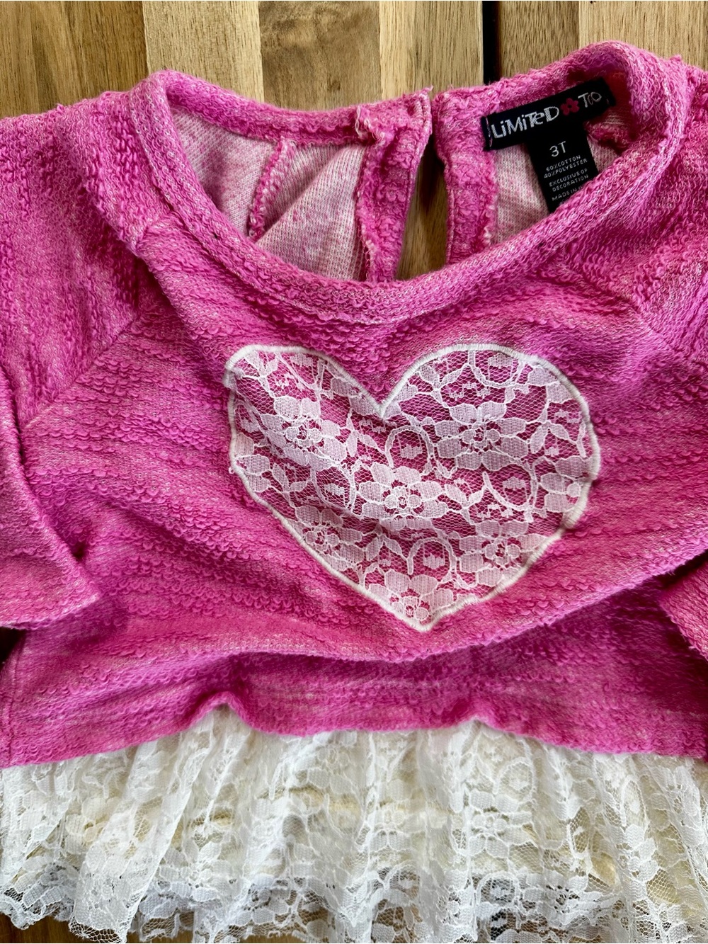 Limited Too Hot Pink Knit Top with Lace Heart and Ivory Lace Hem